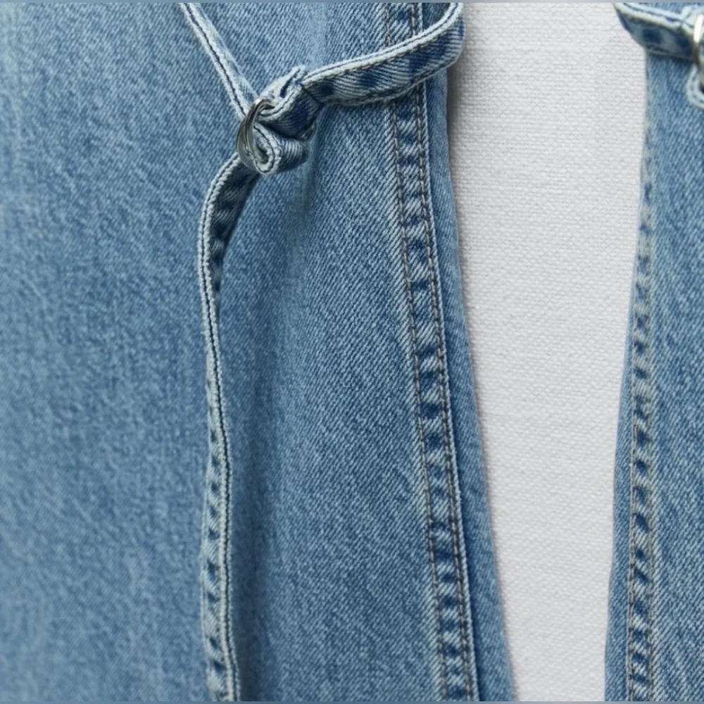 Zara Cotton Blend Belt Loop Wide Leg Cargo Jeans In Light Indigo Wash Size 2 - Picture 9 of 16